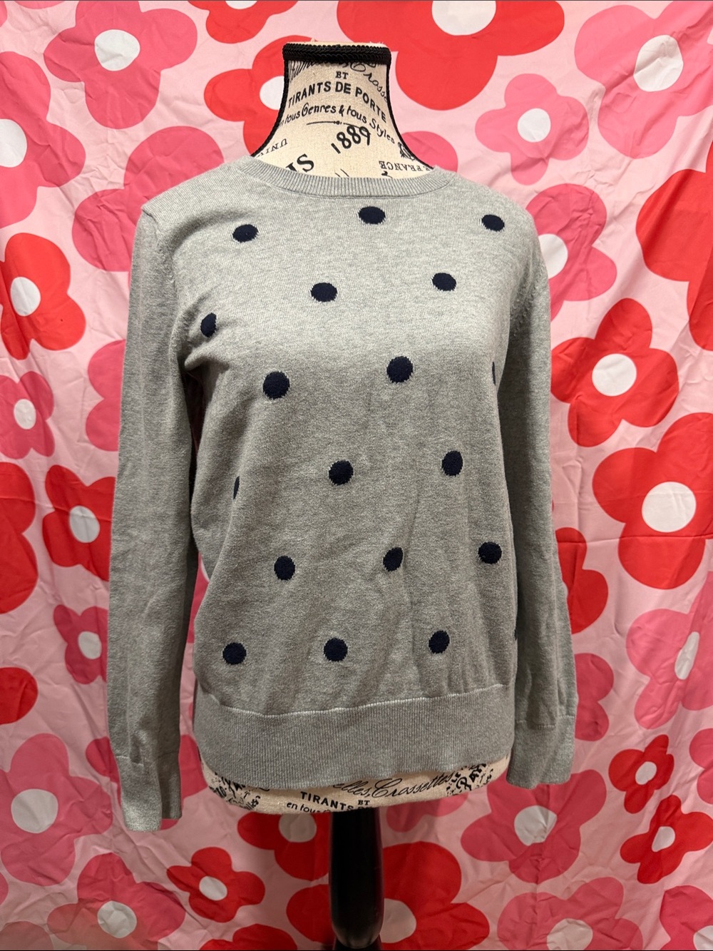 Banana Republic Gray Sweater with Navy Polka Dots